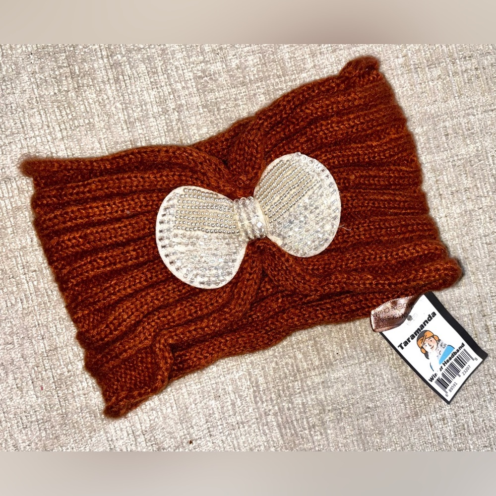 Cozy Cable Knit Bow Fall Winter Headband Pearl Bead Boho Chic Ear Warmer Beanie